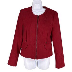 Express Womens M Red Zip Cropped Jacket Blazer Peplum Detail Pockets Vegan Wool